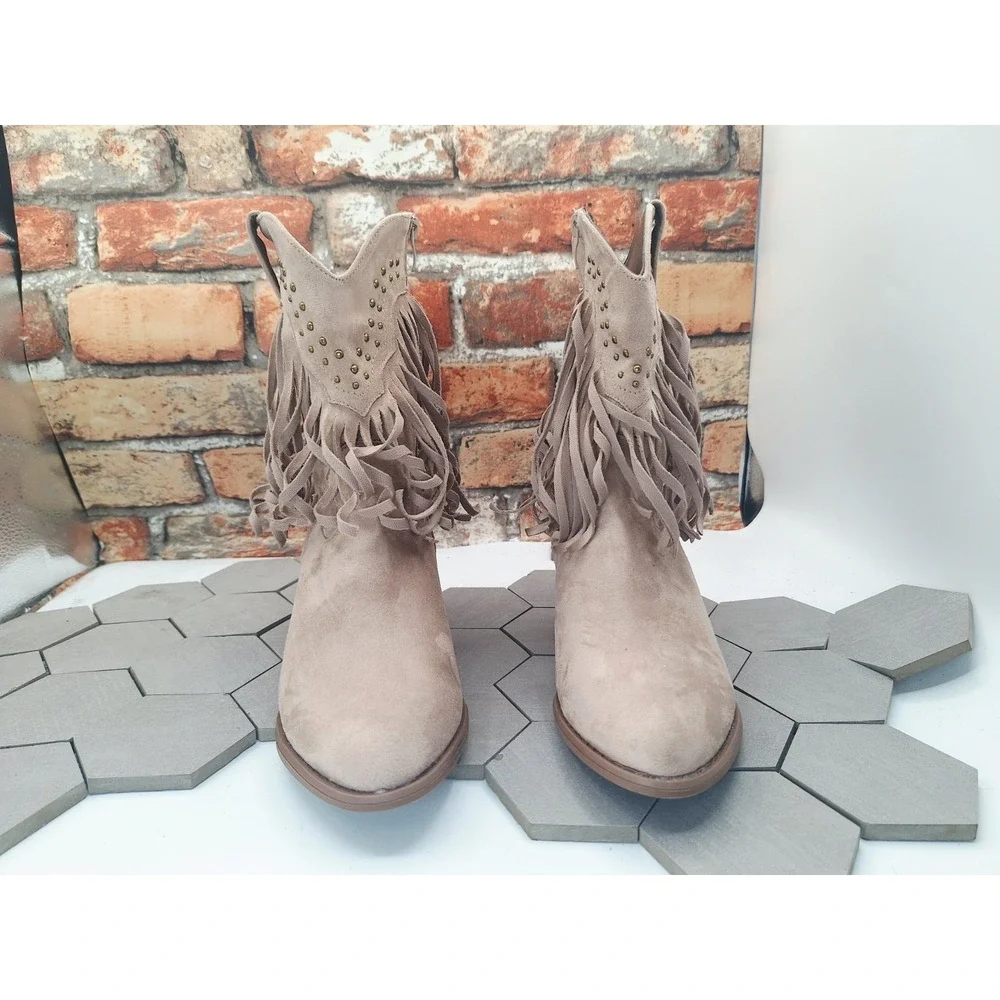 Women's 6.5 Brown Suede Western Ankle Booties Pointed Toe Cowgirl Studded
